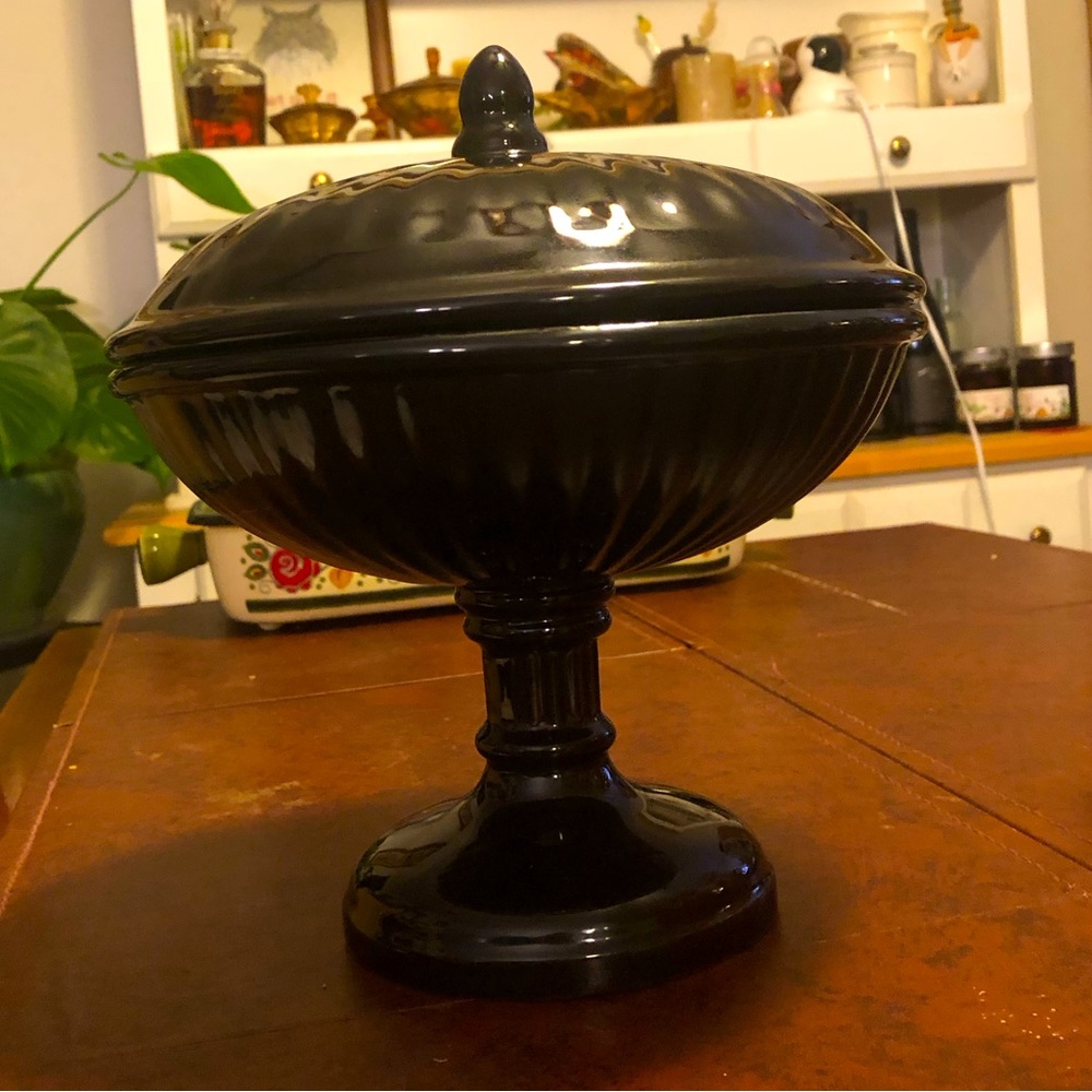 Vintage Royal Haeger MCM Ebony Gloss Glaze Pedestal Candy Dish with Lid